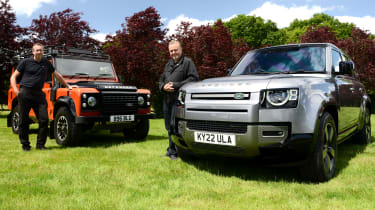 Land Rover p400e long term test: Steve Fowler and Jason Holt standing with a classic and new Land Rover Defender